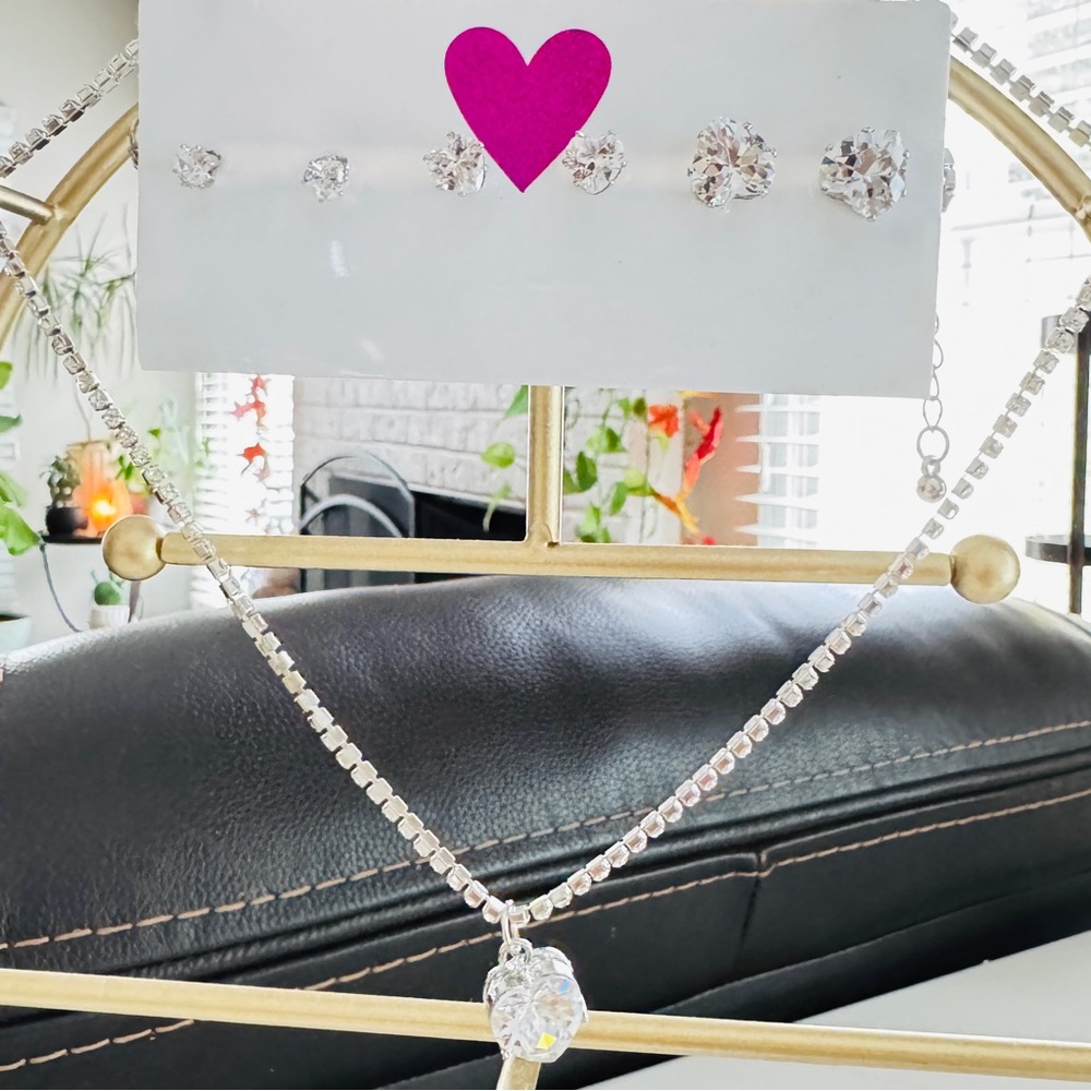 Elegant Silver Heart Shaped Necklace & Earring Set